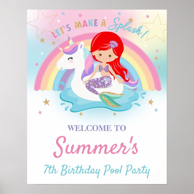 Mermaid and Unicorn Pool Birthday Party Welcome  Poster (Front)