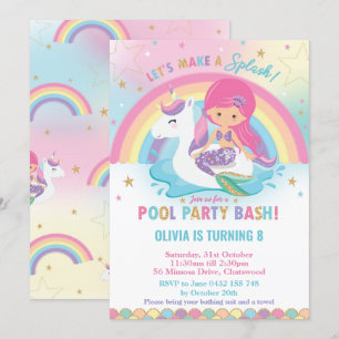 Mermaid and Unicorn Pool Party Birthday Pink Hair Invitation