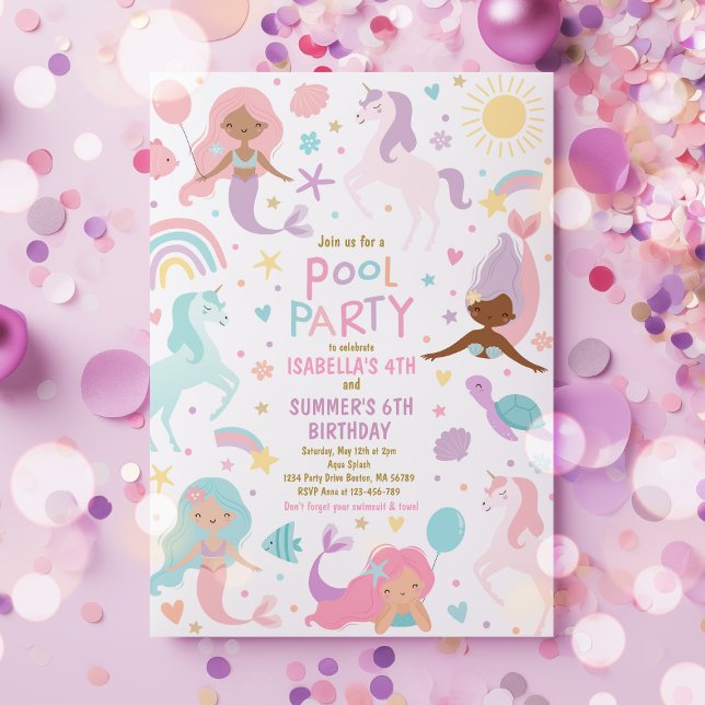 Mermaid And Unicorn Sibling Pool Birthday Party  Invitation (Creator Uploaded)
