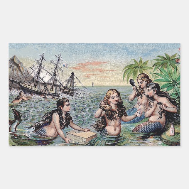 Mermaid Antique Magic Nautical Ocean Rectangular Sticker (Front)