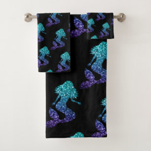 Mermaid aqua blue ombre Sparkles pattern black Bath Towel Set