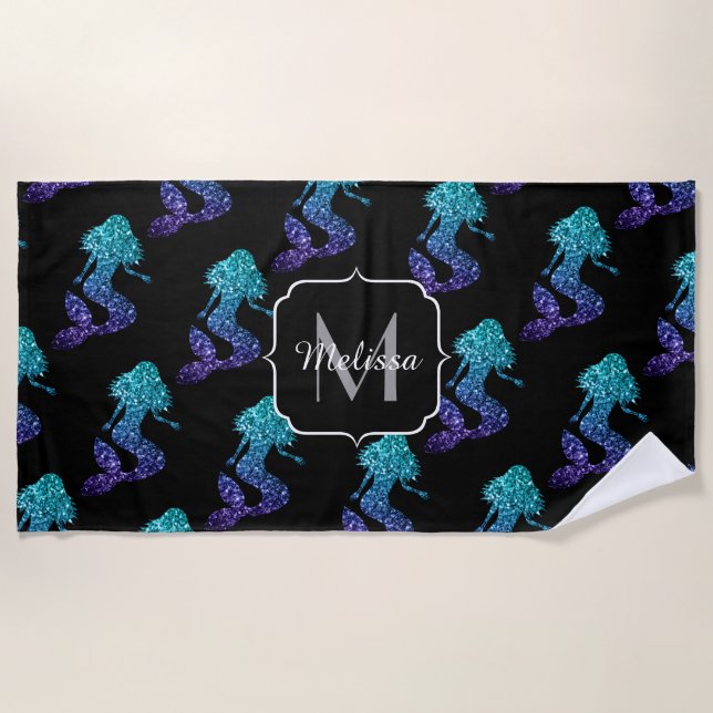 Mermaid aqua blue ombre Sparkles pattern Monogram Beach Towel (Front)
