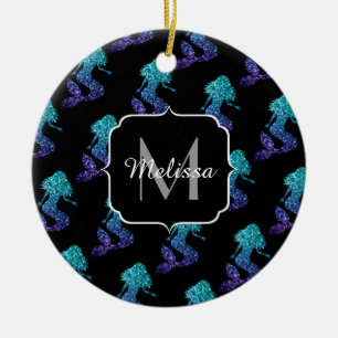 Mermaid aqua blue ombre Sparkles pattern Monogram Ceramic Ornament