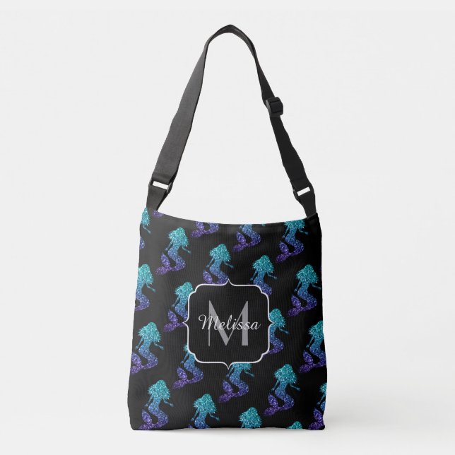 Mermaid aqua blue ombre Sparkles pattern Monogram Crossbody Bag (Front)