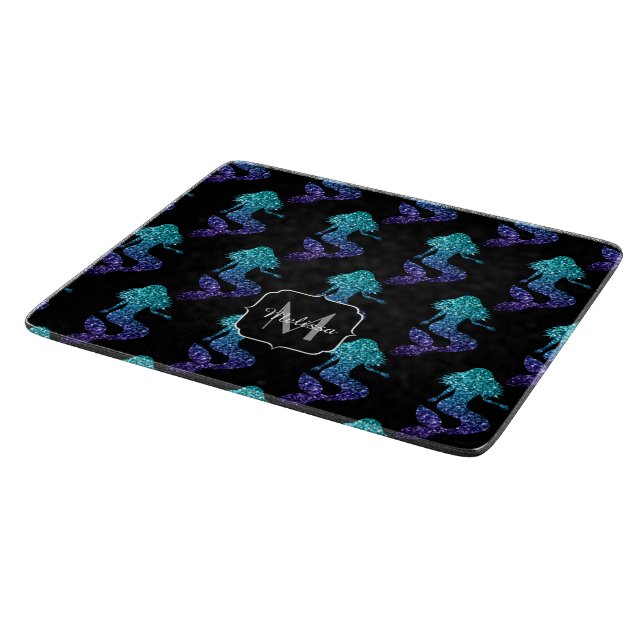 Mermaid aqua blue ombre Sparkles pattern Monogram Cutting Board (Corner)
