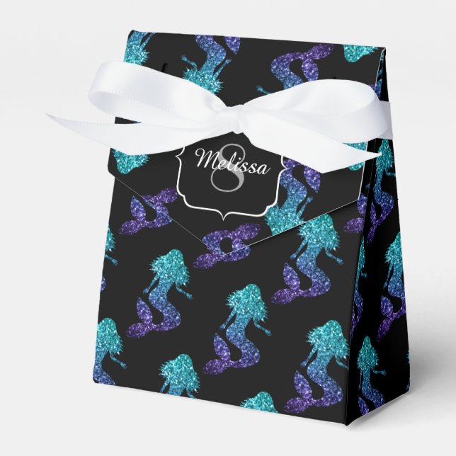 Mermaid aqua blue ombre Sparkles pattern Monogram Favour Box (Front Side)