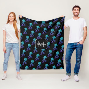 Mermaid aqua blue ombre Sparkles pattern Monogram Fleece Blanket