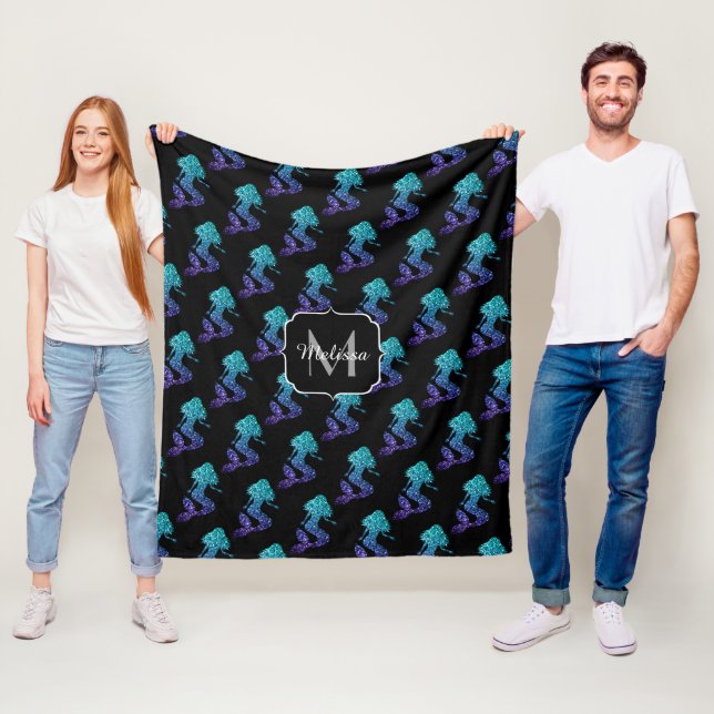 Mermaid aqua blue ombre Sparkles pattern Monogram Fleece Blanket (In Situ)