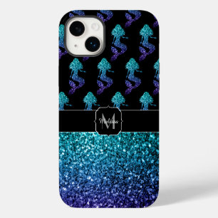 Mermaid aqua blue ombre Sparkles pattern Monogram iPhone 14 Plus Case