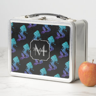 Mermaid aqua blue ombre Sparkles pattern Monogram Metal Lunch Box
