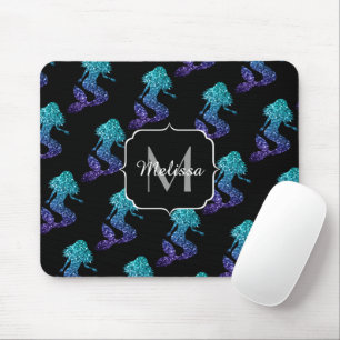 Mermaid aqua blue ombre Sparkles pattern Monogram Mouse Pad
