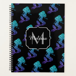 Mermaid aqua blue ombre Sparkles pattern Monogram Planner