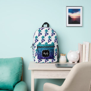Mermaid aqua blue ombre Sparkles pattern Monogram Printed Backpack