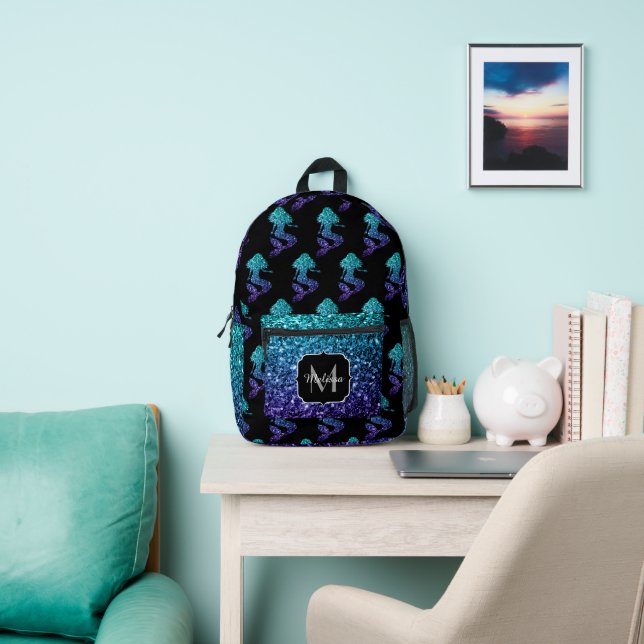 Mermaid aqua blue ombre Sparkles pattern Monogram Printed Backpack (Insitu)