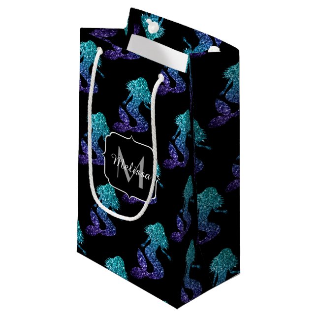 Mermaid aqua blue ombre Sparkles pattern Monogram Small Gift Bag (Front Angled)