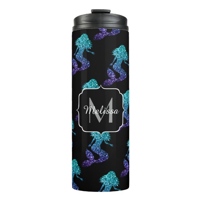 Mermaid aqua blue ombre Sparkles pattern Monogram Thermal Tumbler (Front)