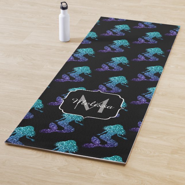 Mermaid aqua blue ombre Sparkles pattern Monogram Yoga Mat (In Situ)
