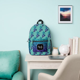 Mermaid aqua blue ombre Sparkles teal Monogram Printed Backpack