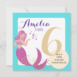Mermaid Aqua Blue Purple Whimsical Birthday Kids Invitation