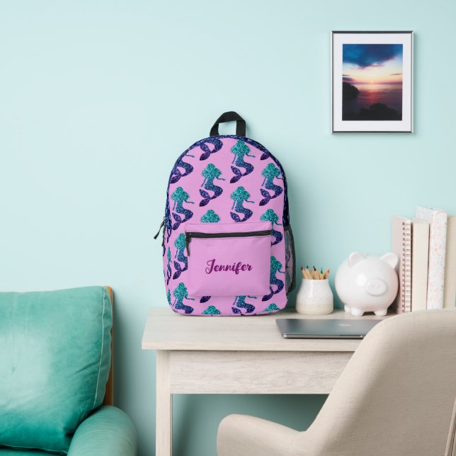 Mermaid aqua blue Sparkles custom name lavender Printed Backpack (Insitu)