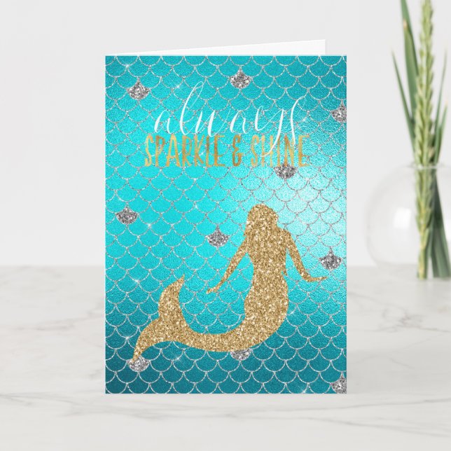 Mermaid Aqua Gold Silver Sparkle Glitter  Card (Front)