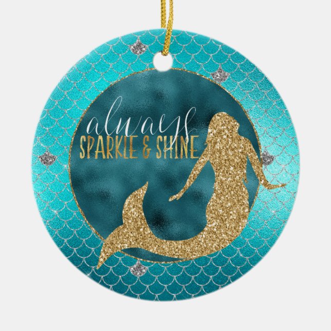 Mermaid Aqua Gold Silver Sparkle Glitter  Ceramic Ornament (Front)