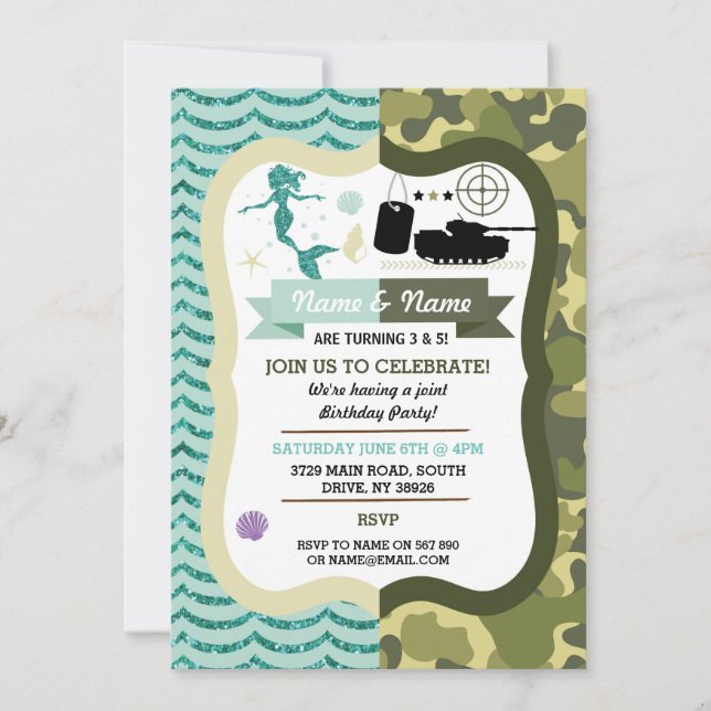 Mermaid & Army Boy Girl Birthday Shared Party Invitation (Front)