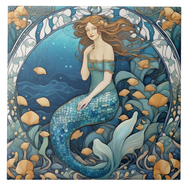 Mermaid Art Nouveau Aqua Blue Turquoise Art Deco Ceramic Tile (Front)