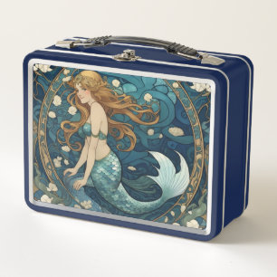 Mermaid Art Nouveau Art Deco Style Blue Metal Lunch Box