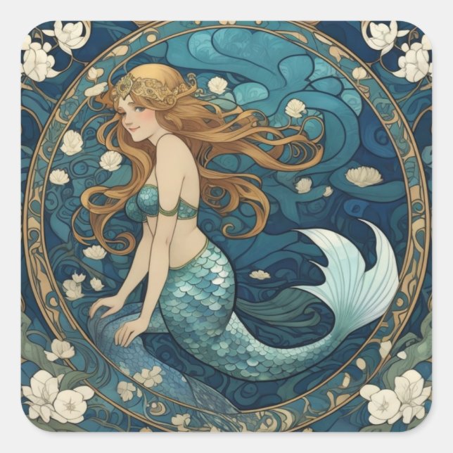 Mermaid Art Nouveau Art Deco Style Blue Square Sticker (Front)