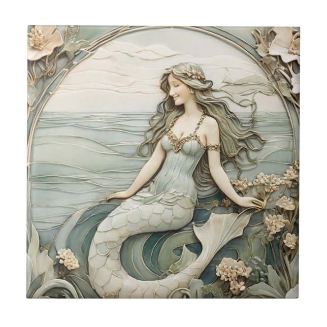 Mermaid Art Nouveau Faux Relief Mint Ocean Sea Ceramic Tile (Front)