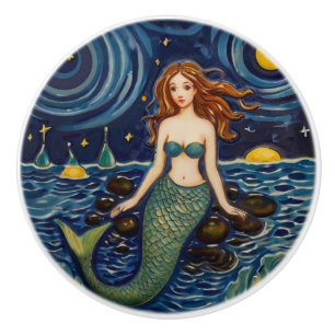 Mermaid at Night Sea Ocean Fairytale Dark Blue Ceramic Knob