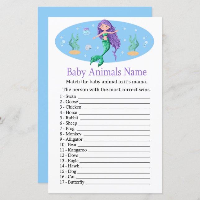 Mermaid Baby Animals Name Game (Front/Back)