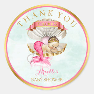 Mermaid Baby Clam Shell Tiara Pearls Gold Pink Classic Round Sticker