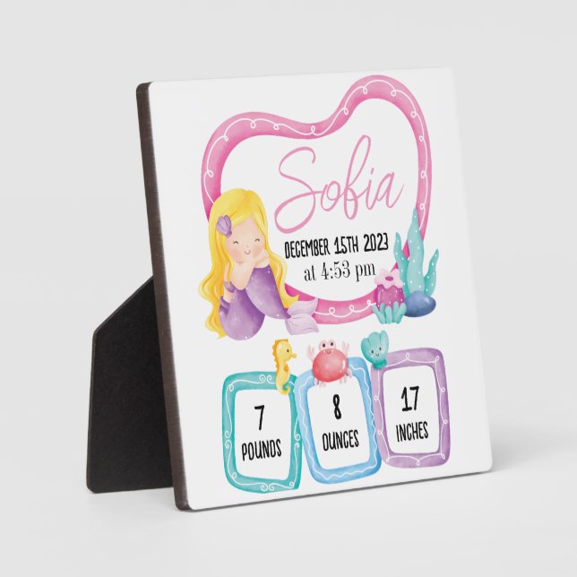 Mermaid Baby Photo Birth Stats Announcement Plaque (Front)