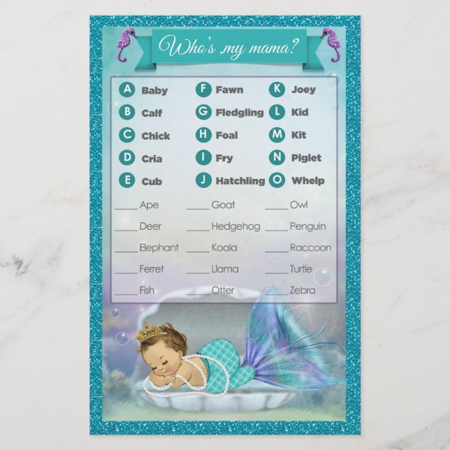 Mermaid Baby Shower Animal Match Game #130 (Front)