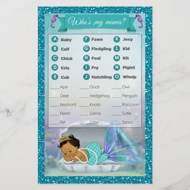 Mermaid Baby Shower Animal Match Game #136 Medium (Front)