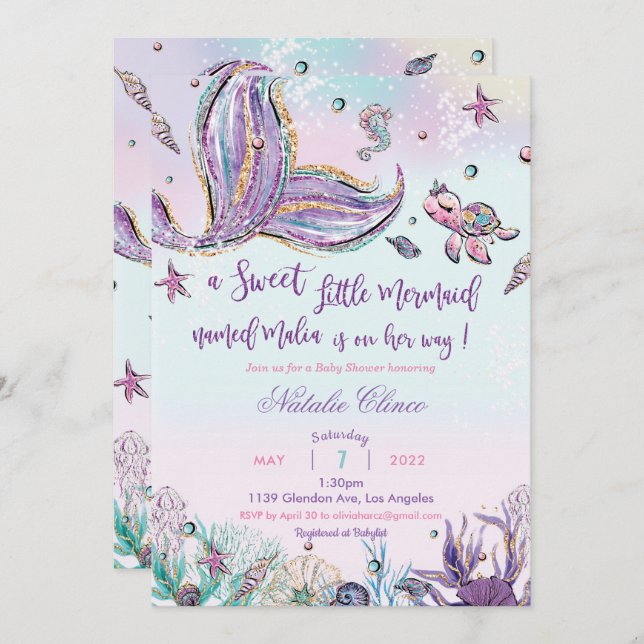 Mermaid Baby Shower Baby Girl  Invitation (Front/Back)