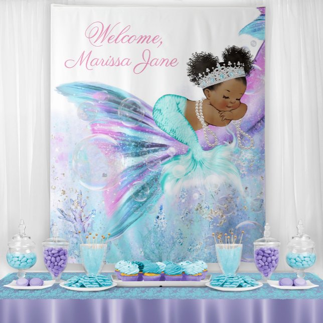 Mermaid Baby Shower Backdrop Afro Mermaid Banner Tapestry (You can change the text as needed for your event.)