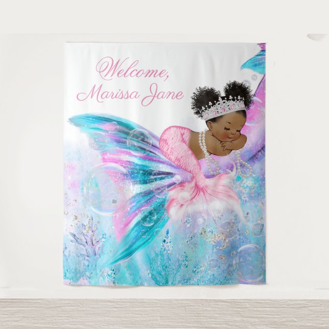 Mermaid Baby Shower Backdrop Afro Mermaid Banner Tapestry (Front)