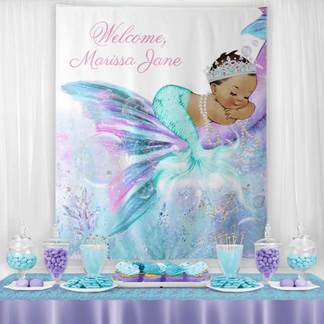 Mermaid Baby Shower Backdrop Ethnic Mermaid Tapestry (You can change the text as needed for your event.)