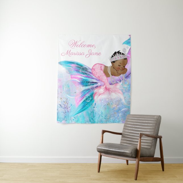 Mermaid Baby Shower Backdrop Tapestry (In Situ)