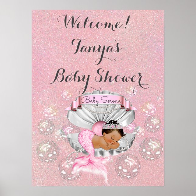 Mermaid Baby Shower Birthday Welcome Sign Pink (Front)