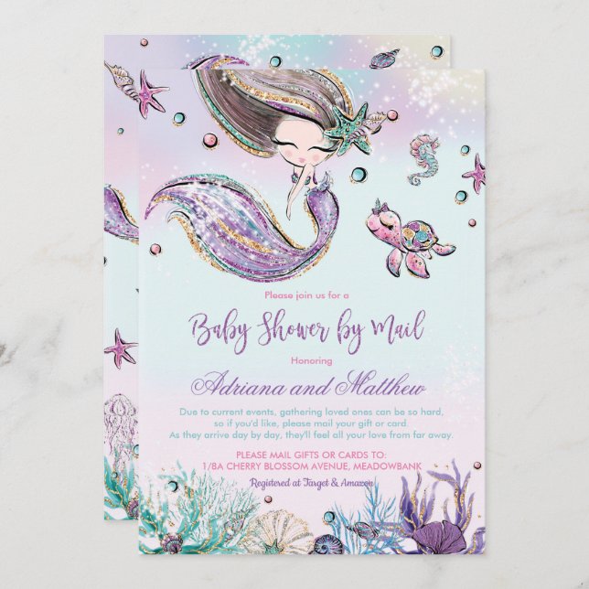 Mermaid Baby Shower by Mail Long Distance Virtual Invitation (Front/Back)