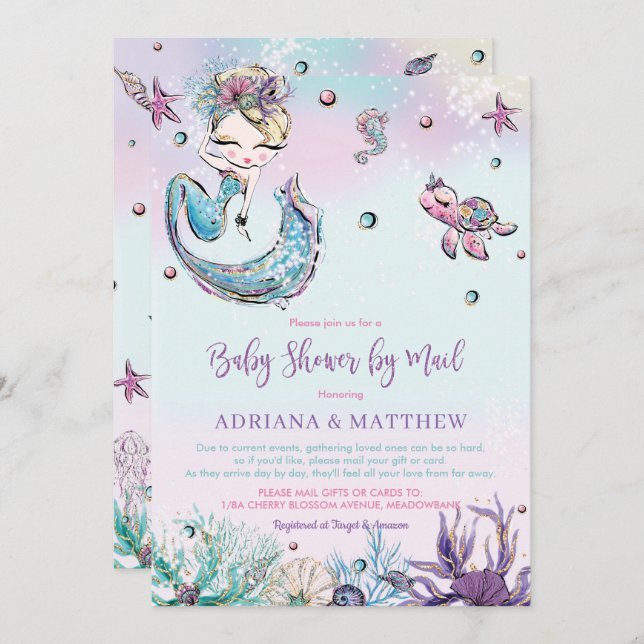 Mermaid Baby Shower by Mail Long Distance Virtual Invitation (Front/Back)