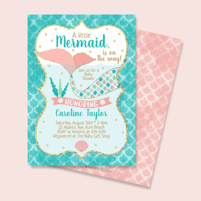Mermaid Baby Shower Coral and Teal Invitation (Creator Uploaded)