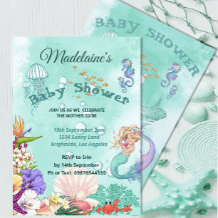 Mermaid Baby Shower Cute Green Under The Sea  Invitation