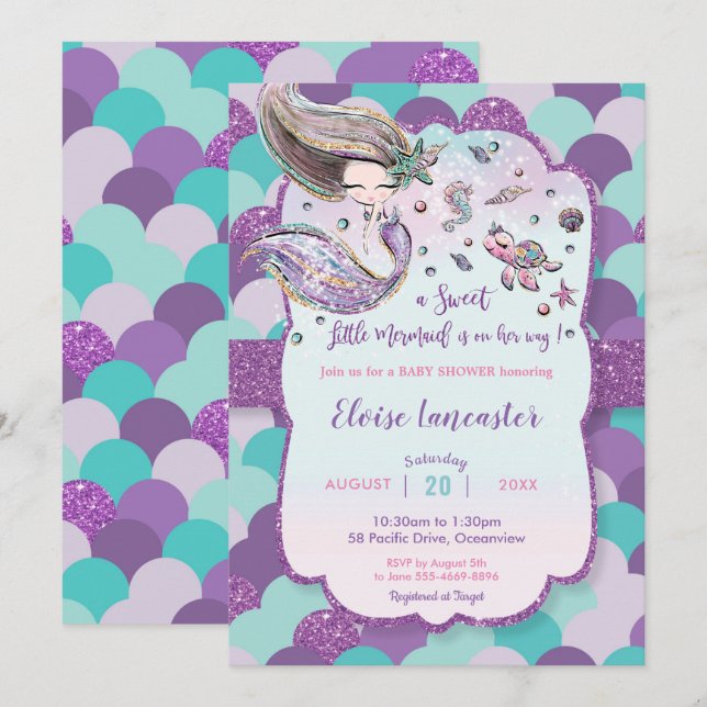 Mermaid Baby Shower Girl Under the Sea Purple Invitation (Front/Back)