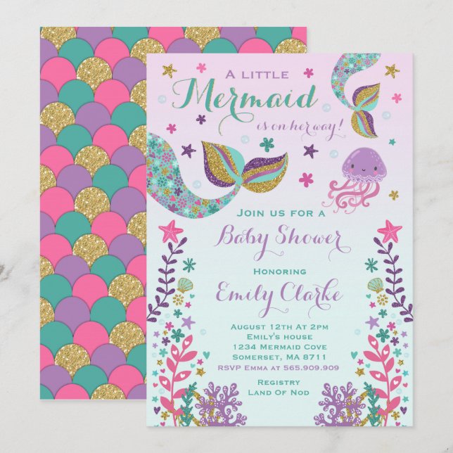 Mermaid Baby Shower Invitation Pink Gold Shower (Front/Back)