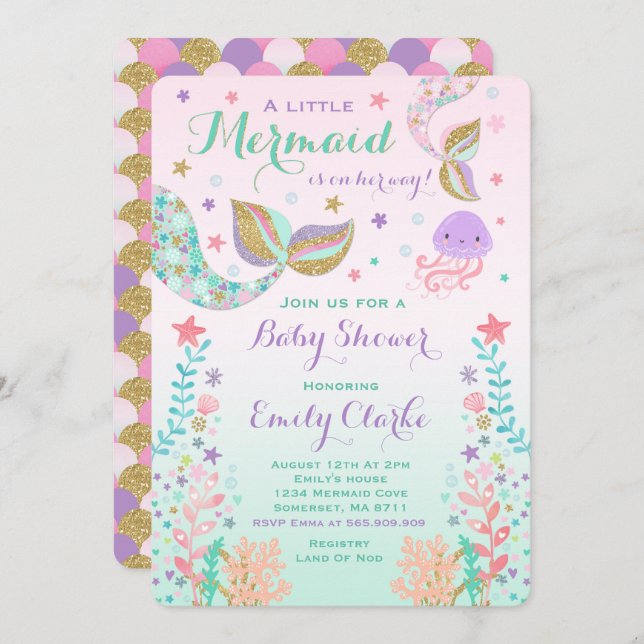 Mermaid Baby Shower Invitation Pink Gold Shower (Front/Back)